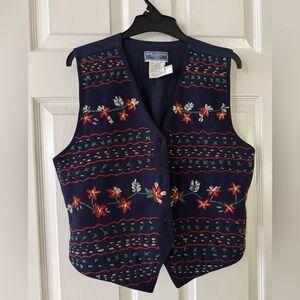 Rare Vintage 80s Wool Knit Floral Embroidered Sweater Vest Boho Indie Retro M